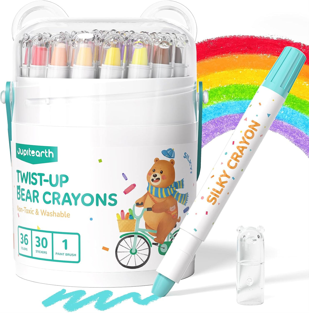 JUPITEARTH 36 crayones de cera con torsión de color para niños pequeños de 1-3 años y niños de 4-8 años, crayones lavables no tóxicos de 2-4, suministros de arte ultra sedosos de agarre fácil, ideal