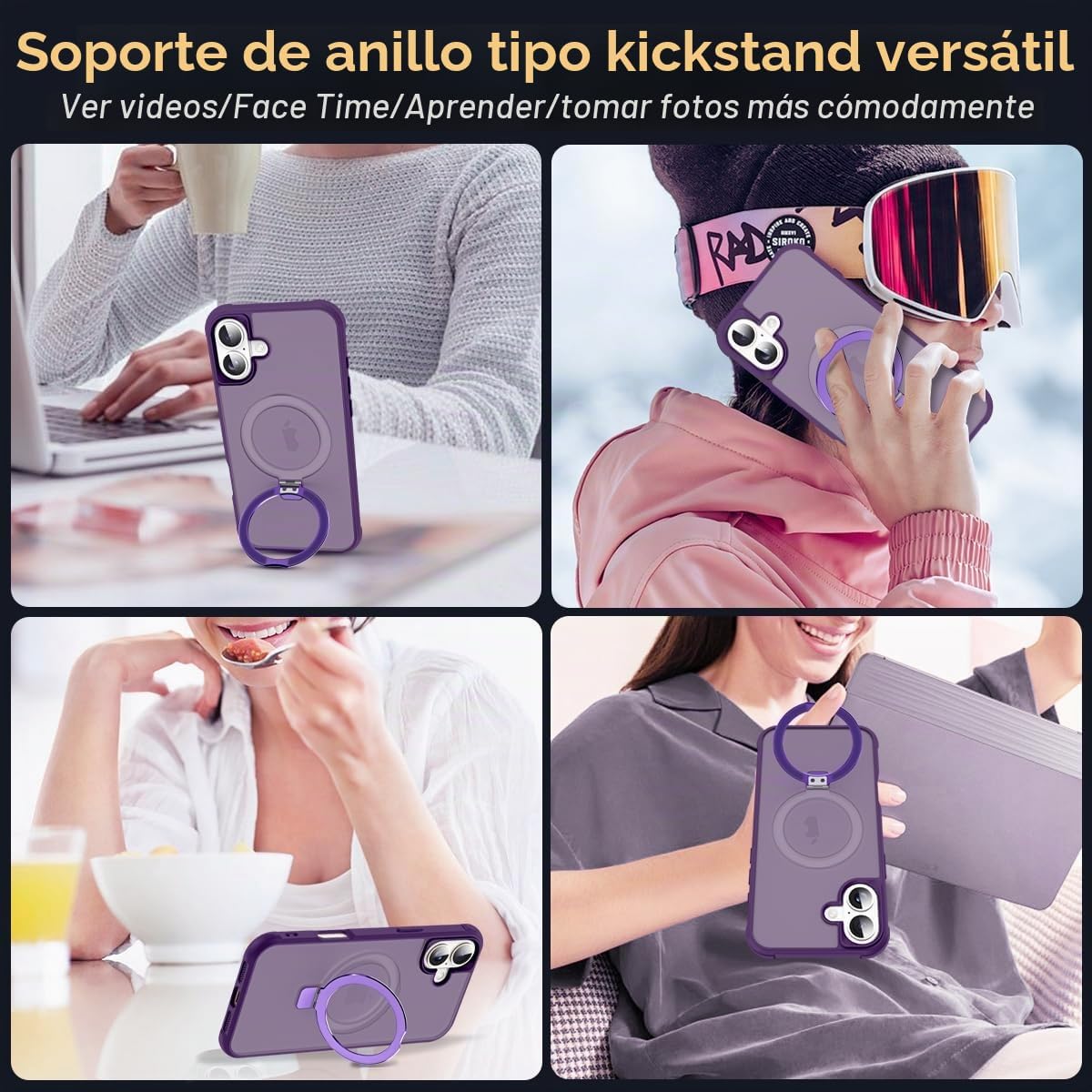 SKYLMW - Funda compatible con iPhone 16 con soporte magnético invisible tipo anillo, funda de grado militar para iPhone 16 de 6.1 pulgadas, compatible con MagSafe, gran sensación de agarre, morado