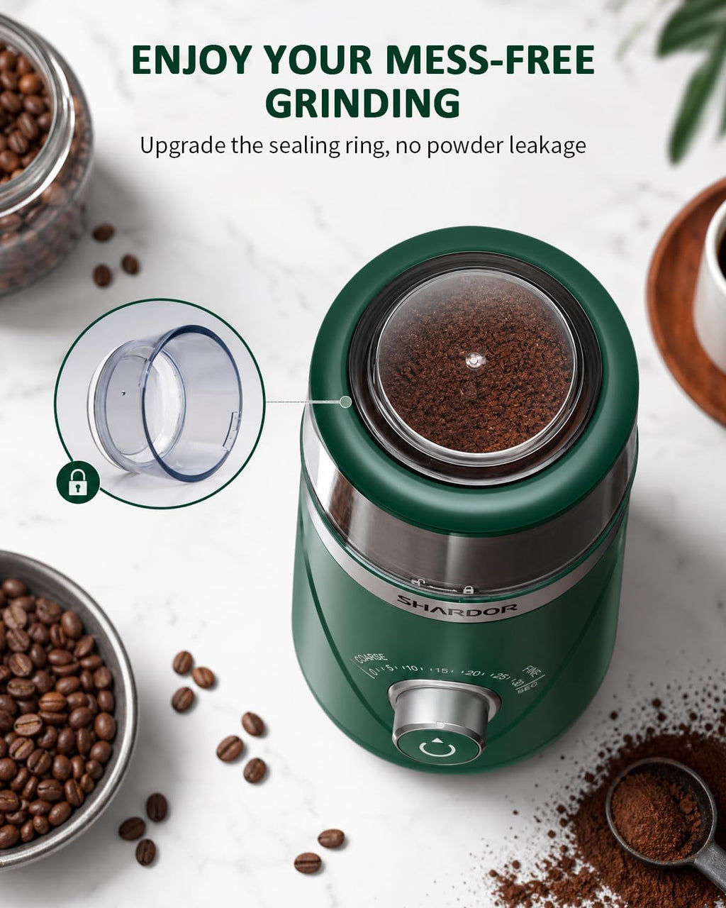 SHARDOR Molinillo de café eléctrico de hoja súper silenciosa, perilla giratoria de control de molienda temporizada, ajustable grueso a fino para granos de café, especias y hierbas, con 2 cuencos de