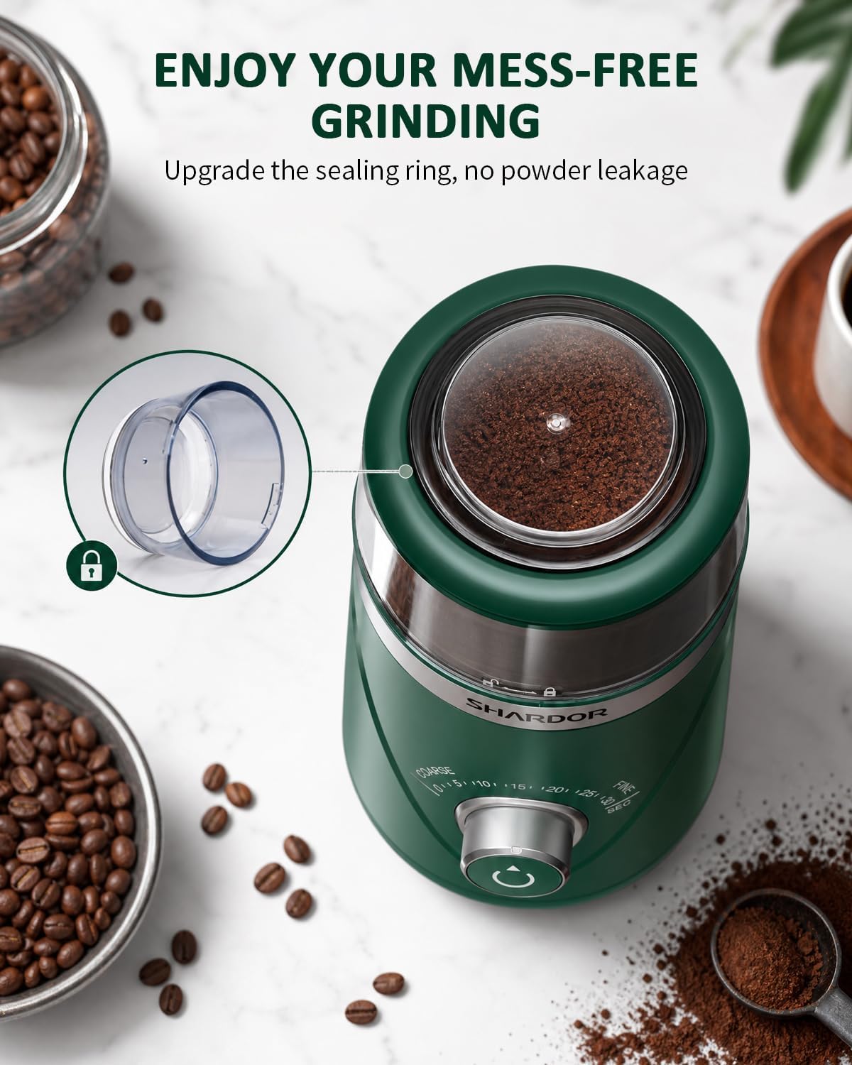 SHARDOR Molinillo de café eléctrico de hoja súper silenciosa, perilla giratoria de control de molienda temporizada, ajustable grueso a fino para granos de café, especias y hierbas, con 2 cuencos de