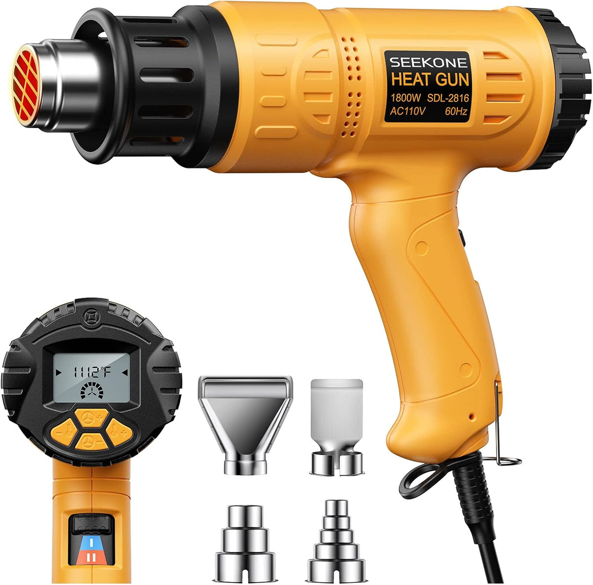 SEEKONE - Pistola de calor, kit de pistola de aire caliente de 1800 W con pantalla LCD digital grande, temperatura variable (122 °F-1112 °F) ajustes de memoria y 4 boquillas para removedor de pintura