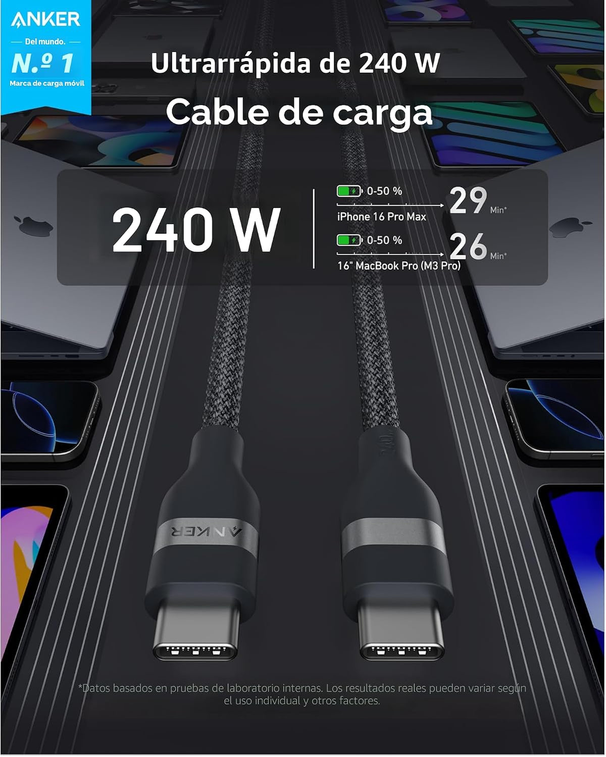 Anker Cable Nano USB C a USB C, cable de carga rápida de 240 W (negro