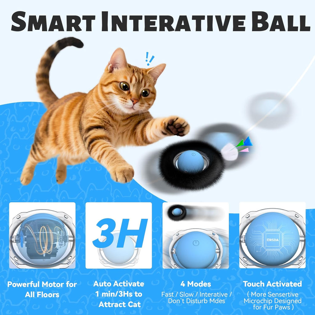 ORSDA Juguetes para Gatos, Pelota Interactiva Rodante Rápida en Bolsa, Escondite y Búsqueda para Gatos de Interior, Pelota Móvil Activada por Movimiento con Chirrido, Juego de Atrapar Ratones con