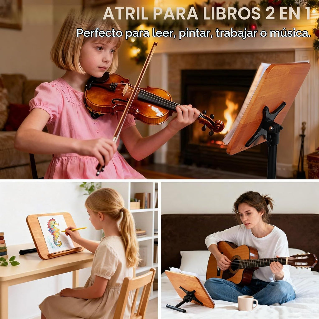 Soporte de música 2 en 1 de doble uso y soporte para libros de escritorio, altura ajustable de 16.5 a 51 pulgadas, 100% madera maciza para computadora portátil, soporte para libro con clips elásticos