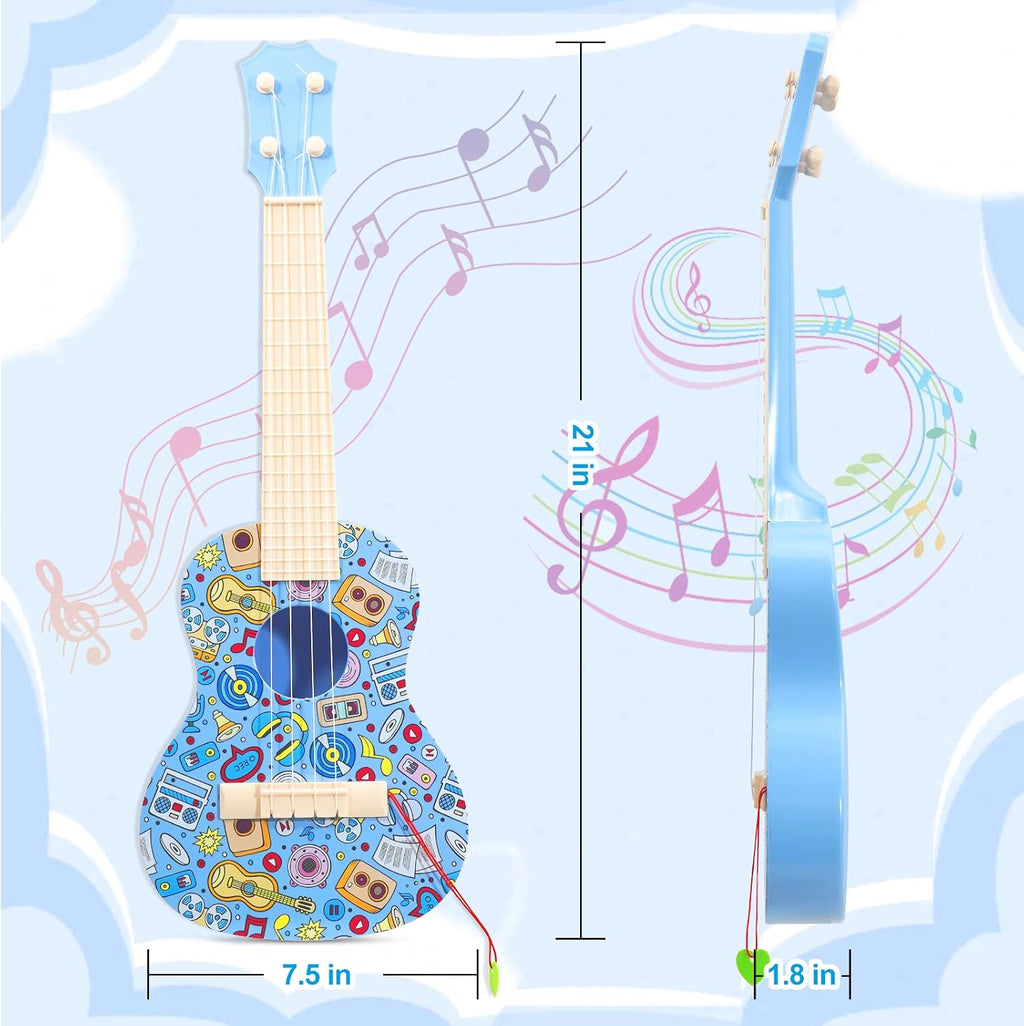 Guitarra ukelele de 21 pulgadas para niños, guitarra de juguete de grafiti con púas, color azul