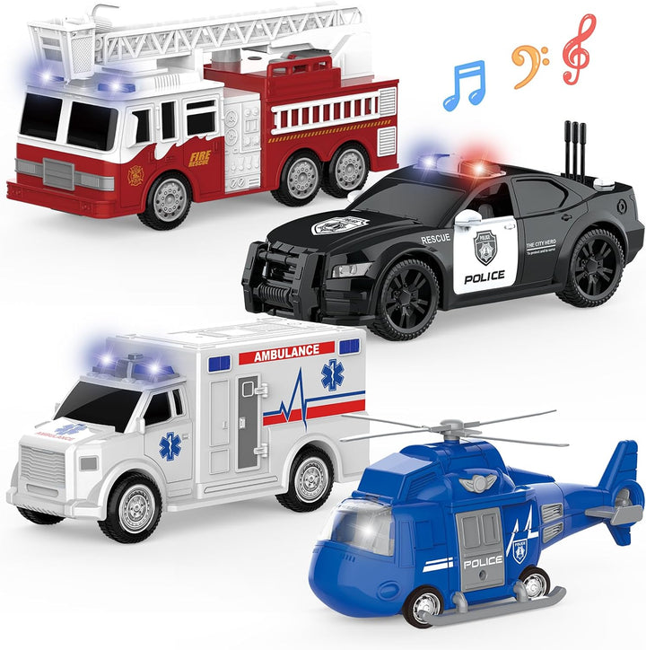 COVTOY Paquete de 4 vehículos de emergencia con luces y