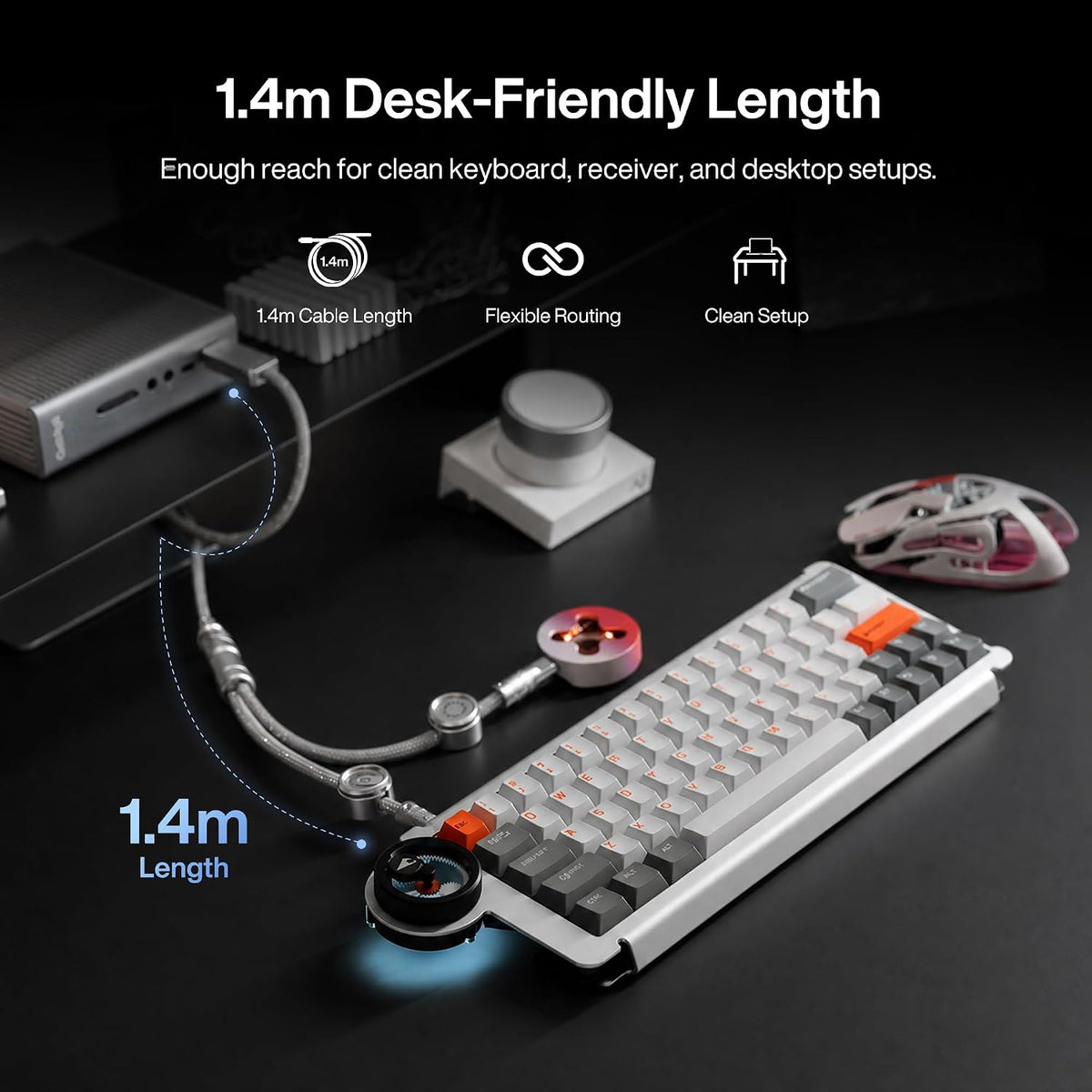 Split Dual 8K Gaming Cable AM Edition 1.4m / 4.6 ft (4.6 pies), conexión dual de alta velocidad, baja latencia, compatible con dispositivos USB tipo C, malla duradera de alambre plateado