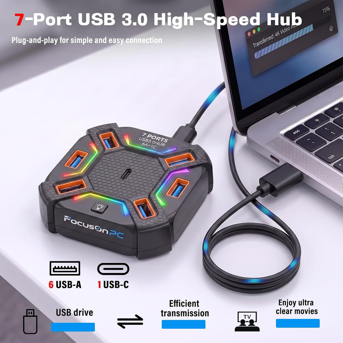 Aitalk, hub USB 3.0 de 7 puertos