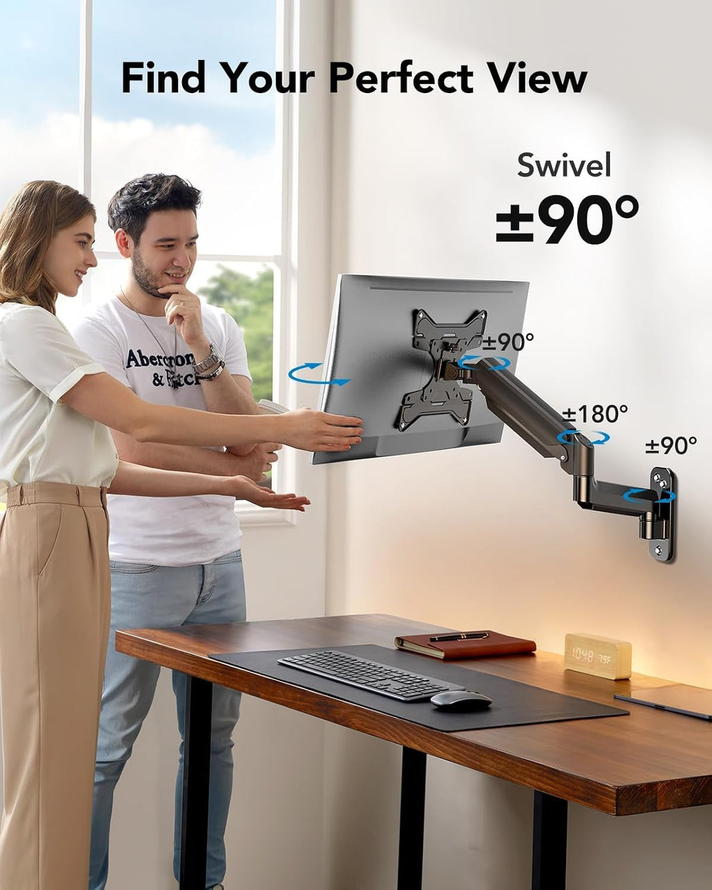 HUANUO Soporte de pared para monitor de computadora para pantallas de 22"-35", brazo de monitor de montaje en pared para juegos con capacidad para hasta 26.4 libras, soporte Vesa con inclinación, giro