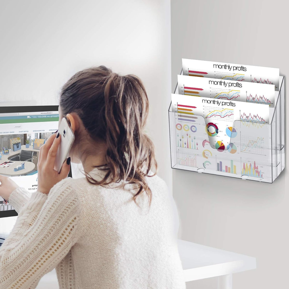 Acrimet Organizador horizontal triple para carpetas de archivos (color cristal transparente)