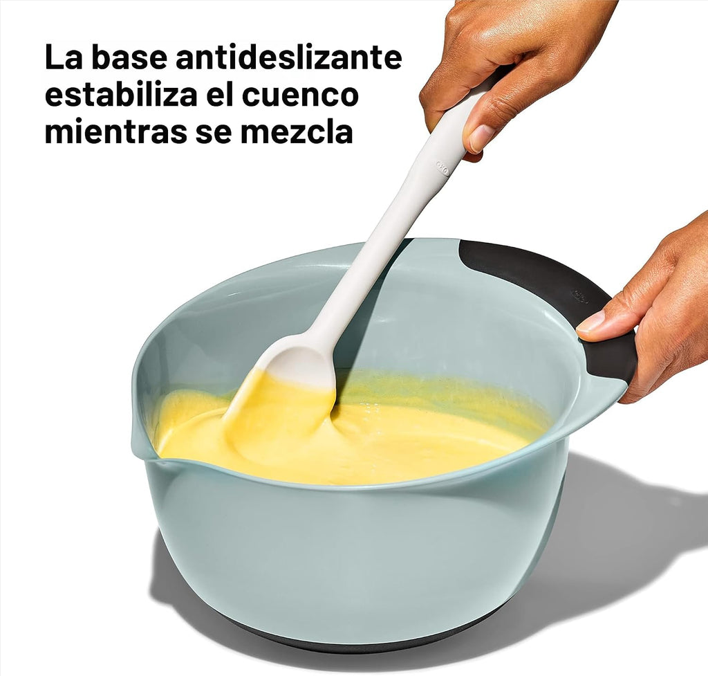 OXO Good Grips Juego de 3 Cuencos de Plástico para Mezclar de 3 Piezas - Azul Cadete, Gris Torre, Jade, Pequeño, Mediano, Grande