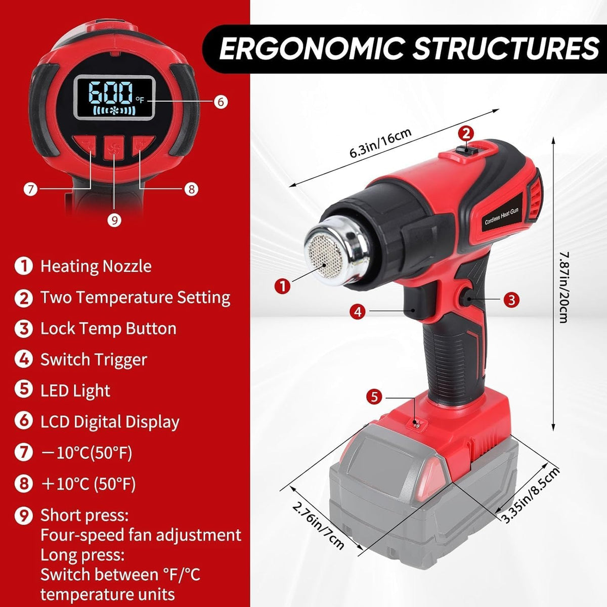 Pistola de calor inalámbrica compatible con batería Milwaukee m18 (sin