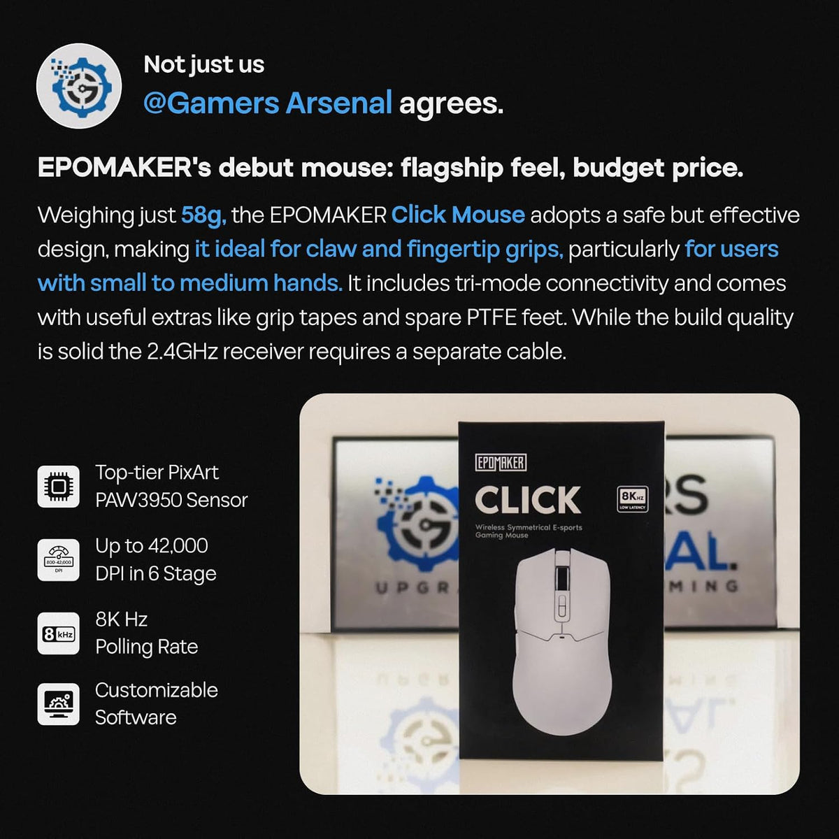 EPOMAKER Click Gaming Mouse inalámbrico 2.4Ghz\/BT\/Type-C, 800 a 4...