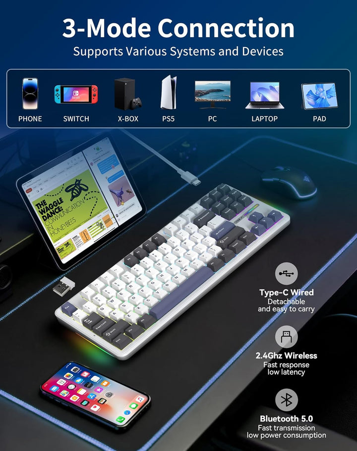 Aula F87 Pro Gaming Keyboard, Tri-Mode BT5.0\/2.4GHz\/USB-C Hot-Swa...