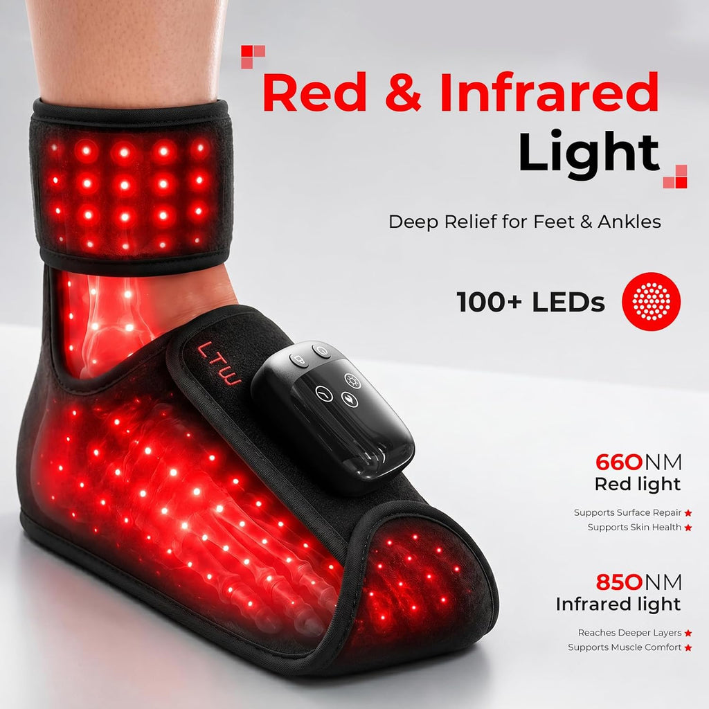 LTW Terapia de luz roja mejorada para pies, 101 LED de tres chips de terapia de luz infrarroja con 660 nm y 850 nm, 3 niveles de calor, 5 intensidades de luz con modo de pulso, 5000 mAh inalámbrico