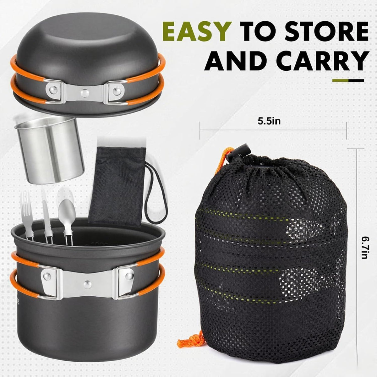 Juego de utensilios de cocina para acampar Backpacking, ollas de 0.33Gal y sartenes de 0.17Gal, taza SUS304 de 0.08Gal, tenedores, cuchillos y cucharas para senderismo, camping, cocina al aire libre, picnic, camping en solitario
