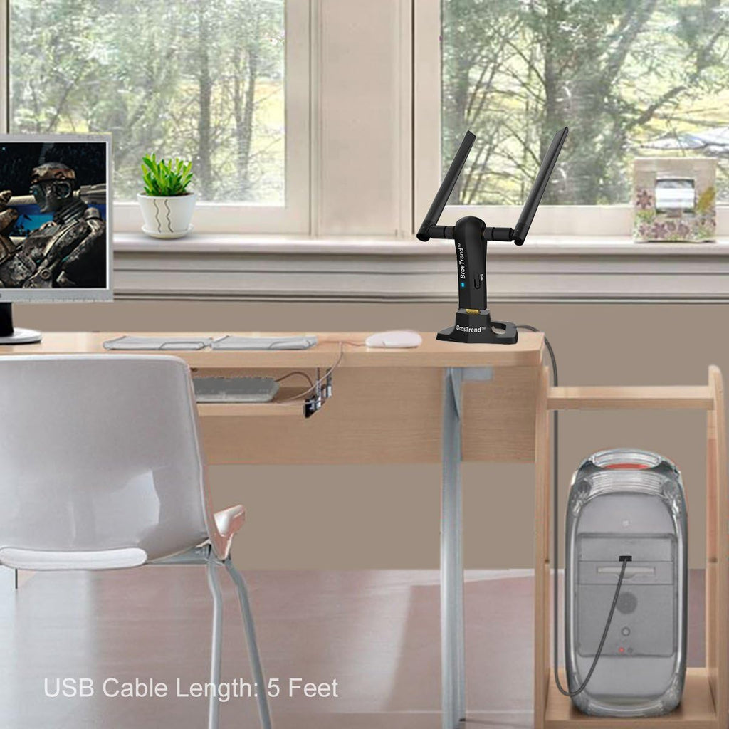 BrosTrend, adaptador WiFi de largo alcance (1200Mbps) de banda dual de 5 gigahertzios. Velocidad de red inalámbrica 867Mbps, 2.4 gigahertzios 300 Mbps; antenas WiFi 2 X 5dBi; USB 3.0. Compatible con Windows 10/8/7/XP, Linux Mint, Ubuntu, Raspbian