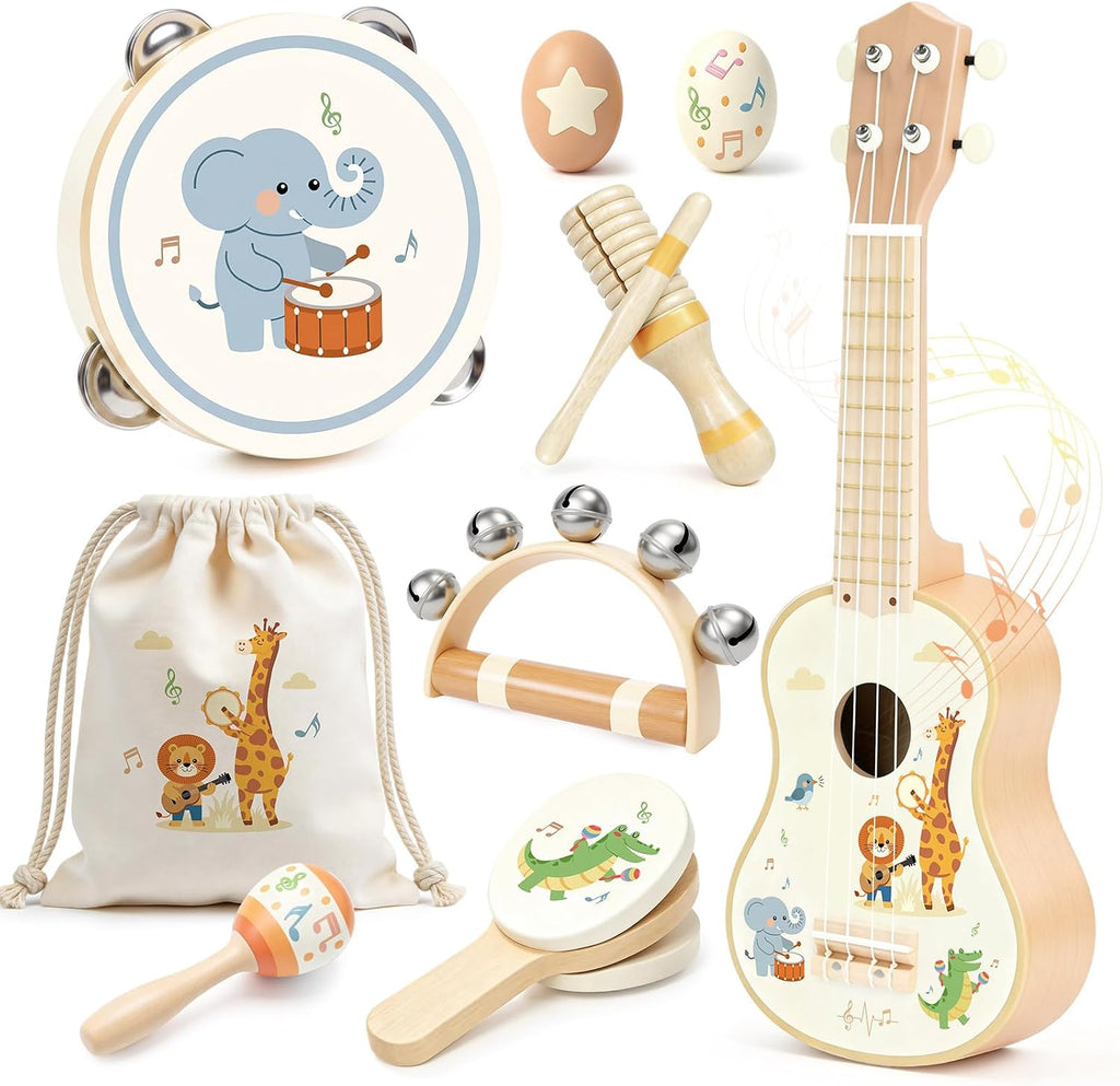 Juego de guitarra infantil de madera para niños y niñas de 2 a 4 años, instrumentos musicales Montessori 9 en 1 con ukelele/pandereta/maraca/agitadores de huevos