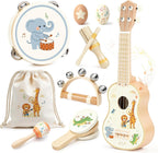 Juego de guitarra infantil de madera para niños y niñas de 2 a 4 años, instrumentos musicales Montessori 9 en 1 con ukelele/pandereta/maraca/agitadores de huevos