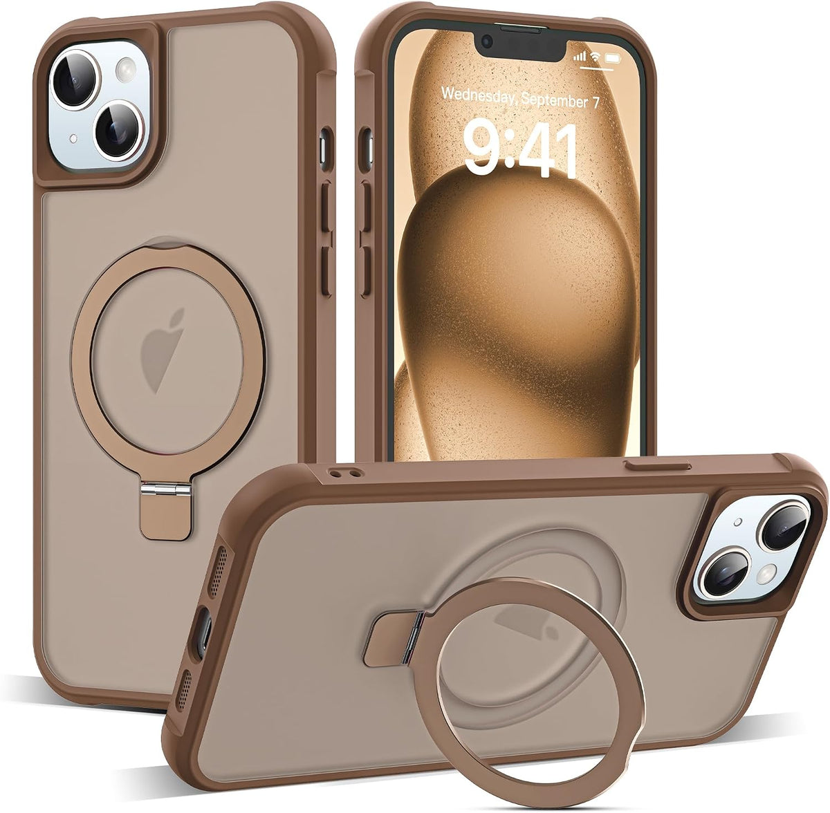 SKYLMW Compatible con iPhone 15 Funda con Soporte Magnético Invisible de Anillo O Funda Translúcida de Grado Militar para iPhone 15 6.1" [Compatible con Mag-Safe][Gran Sensación de Agarre], Marrón