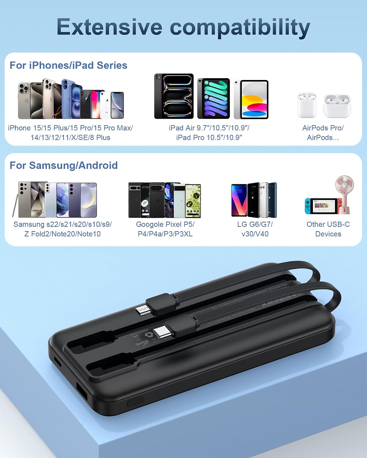 AsperX Paquete de 2 cargadores portátiles de 10000 mAh con cables i...