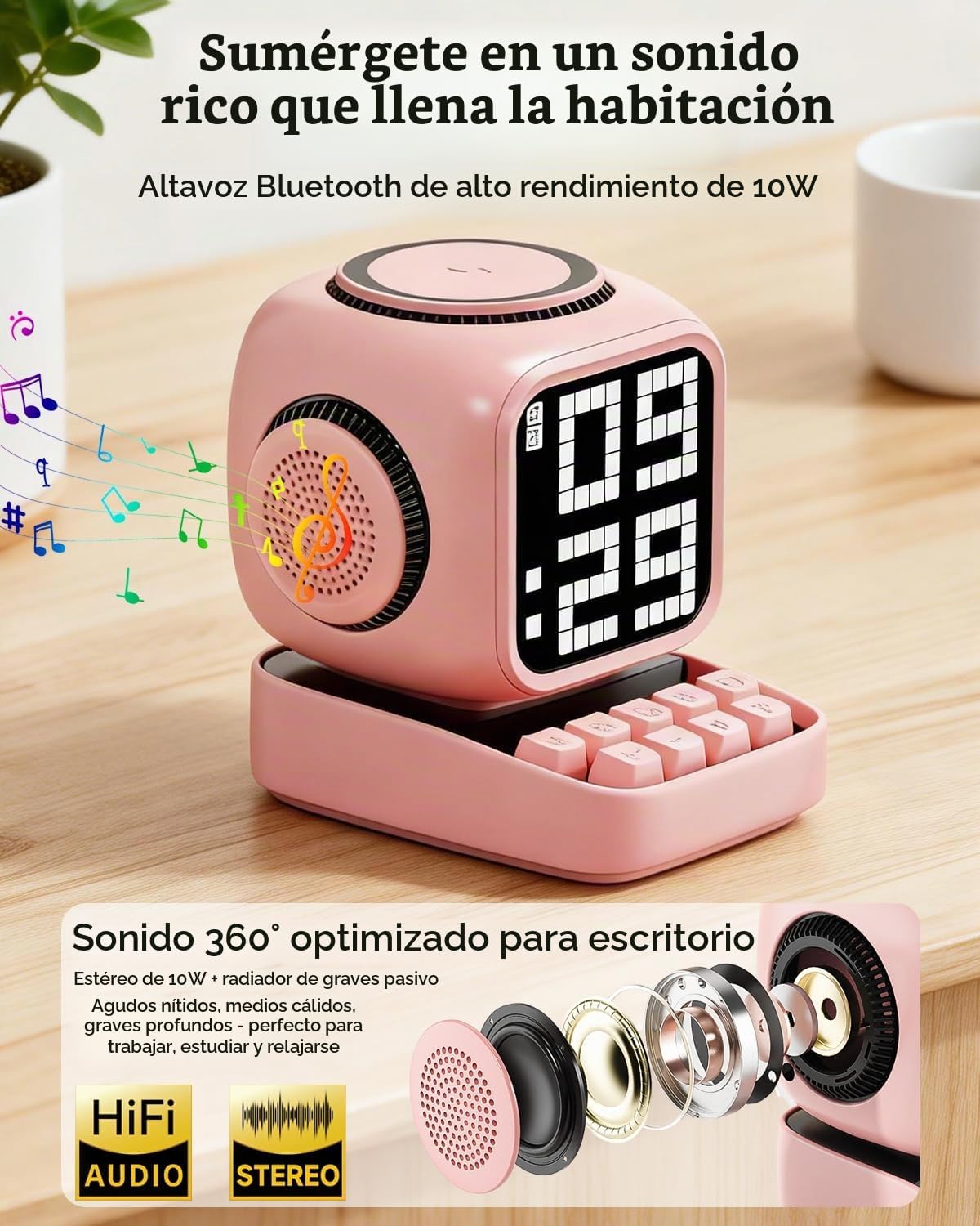 Altavoz Bluetooth 5 en 1 de robot retro: cargador inalámbrico de 15 W, pantalla LED de píxeles, sonido estéreo de 10 W y 15 ruido blanco, reloj despertador, lindo altavoz inalámbrico portátil para