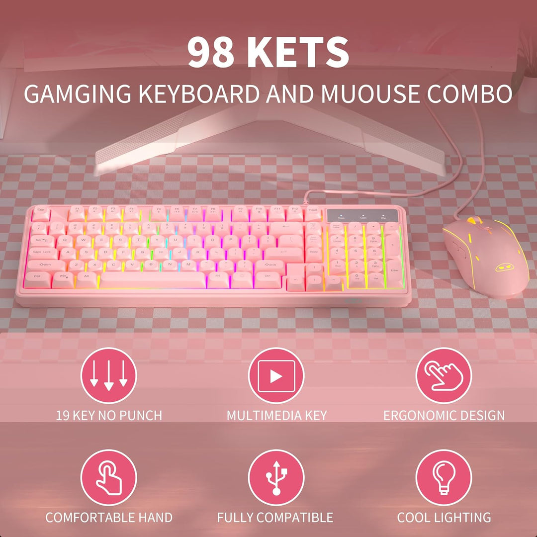 Combo de teclado y ratón rosa cremoso, MageGee GK980 - Teclado rosa...