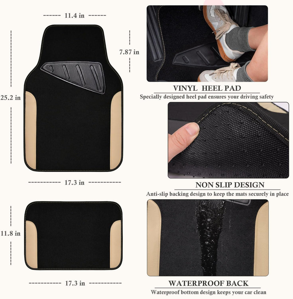 CAR PASS Funda de cuero sintético para volante y tapetes impermeables para automóvil, ajuste universal para el 95% de los sedán, SUV, automóviles, 14.5-15 pulgadas, diseño deportivo antideslizante, seguro, cómodo (negro y beige)