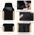 CAR PASS Funda de cuero sintético para volante y tapetes impermeables para automóvil, ajuste universal para el 95% de los sedán, SUV, automóviles, 14.5-15 pulgadas, diseño deportivo antideslizante, seguro, cómodo (negro y beige)