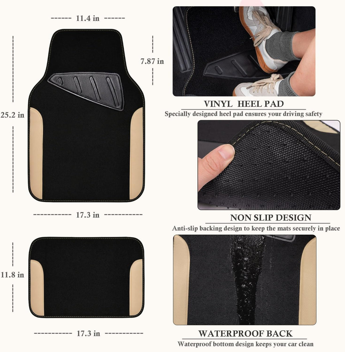 CAR PASS Funda de cuero sintético para volante y tapetes impermeables para automóvil, ajuste universal para el 95% de los sedán, SUV, automóviles, 14.5-15 pulgadas, diseño deportivo antideslizante, seguro, cómodo (negro y beige)