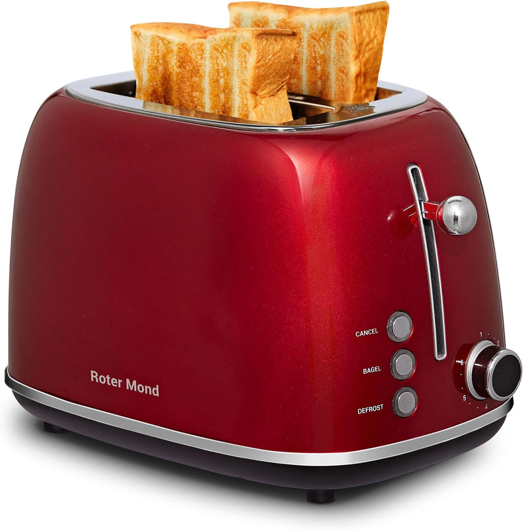 Roter Mond Tostadora de 2 rebanadas, de acero inoxidable, retro, con función de bagel, cancelar y descongelar, 6 ajustes de tostado de pan, ranuras extra anchas y bandeja de migas extraíble, color