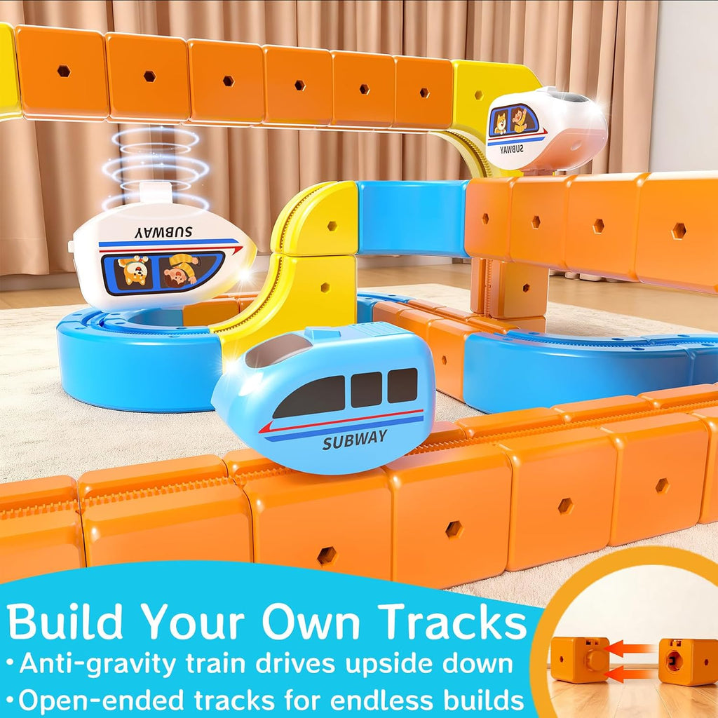 Juego de tren eléctrico para niños de 4 a 8 años, tren 3D Infinity Racer para niños pequeños, juguete de construcción de fusión con pista de carreras antigravedad, regalo divertido de aprendizaje STEM