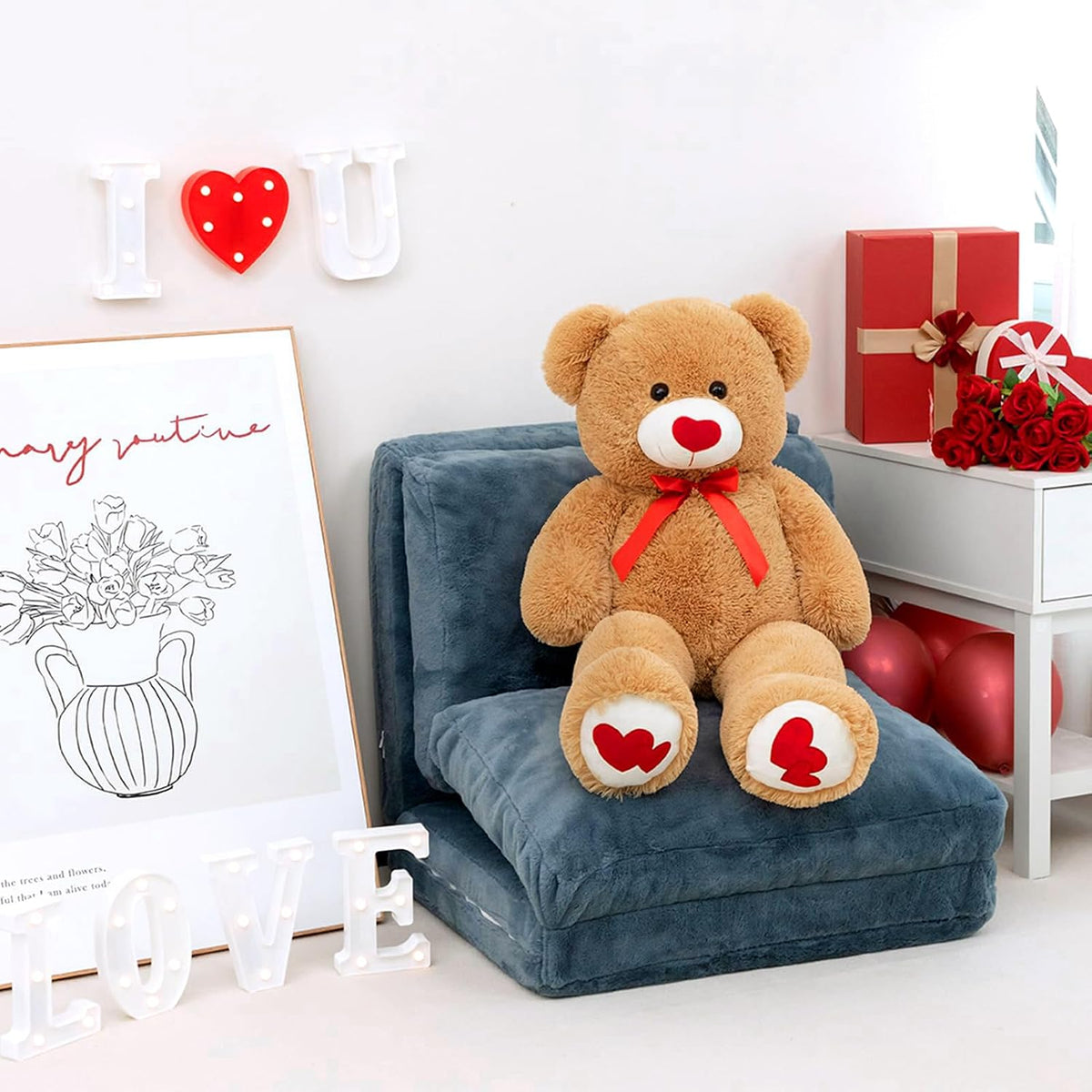 HollyHOME Peluche Oso Gigante San Valentín con Corazón Rojo para Novia y Niños, Oso de Peluche Grande 36 pulgadas Color Beige