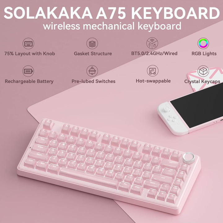 SOLAKAKA Teclado inalámbrico A75 para juegos con perilla multifunci...