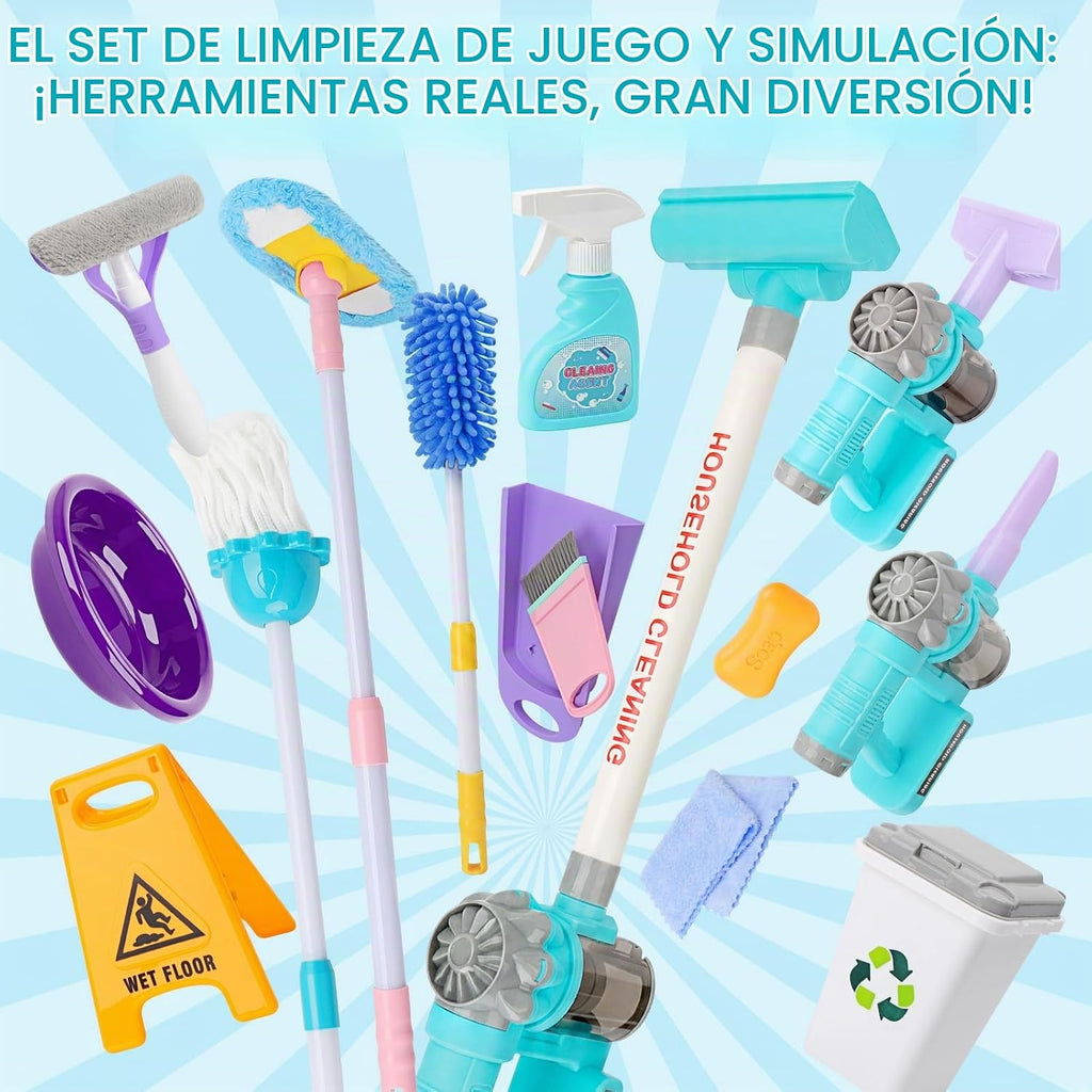 deAO Juego de juguetes de limpieza para niños, 14 piezas, desmontables, con trapeador al vacío, escoba, lavabo, juguetes de limpieza, regalo de cumpleaños para niñas y niños de 3 a 8 años