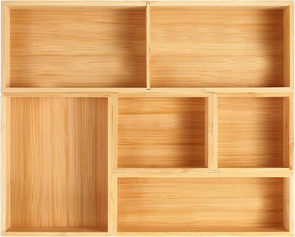 Fabsome Organizador de Cajones de Baño, Caja Contenedor de Bambú para Cajón de Tocador Escritorio Maquillaje, Pequeño Contenedor de Madera Bandeja de Organización de Almacenamiento de Té para Cocina