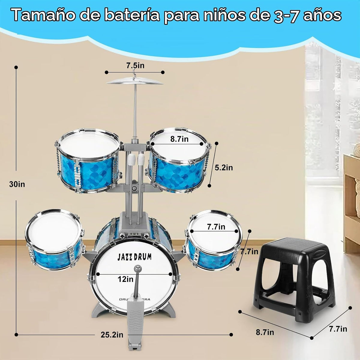 Juego de batería para niños de 5 piezas para niños pequeños de 3 a 5 años, juego de batería para niños pequeños de 5 a 7 años, juguetes de instrumentos musicales, juguetes de percusión, cumpleaños para niños de 3, 4, 5, 6, 7, 8 años, niños y niñas