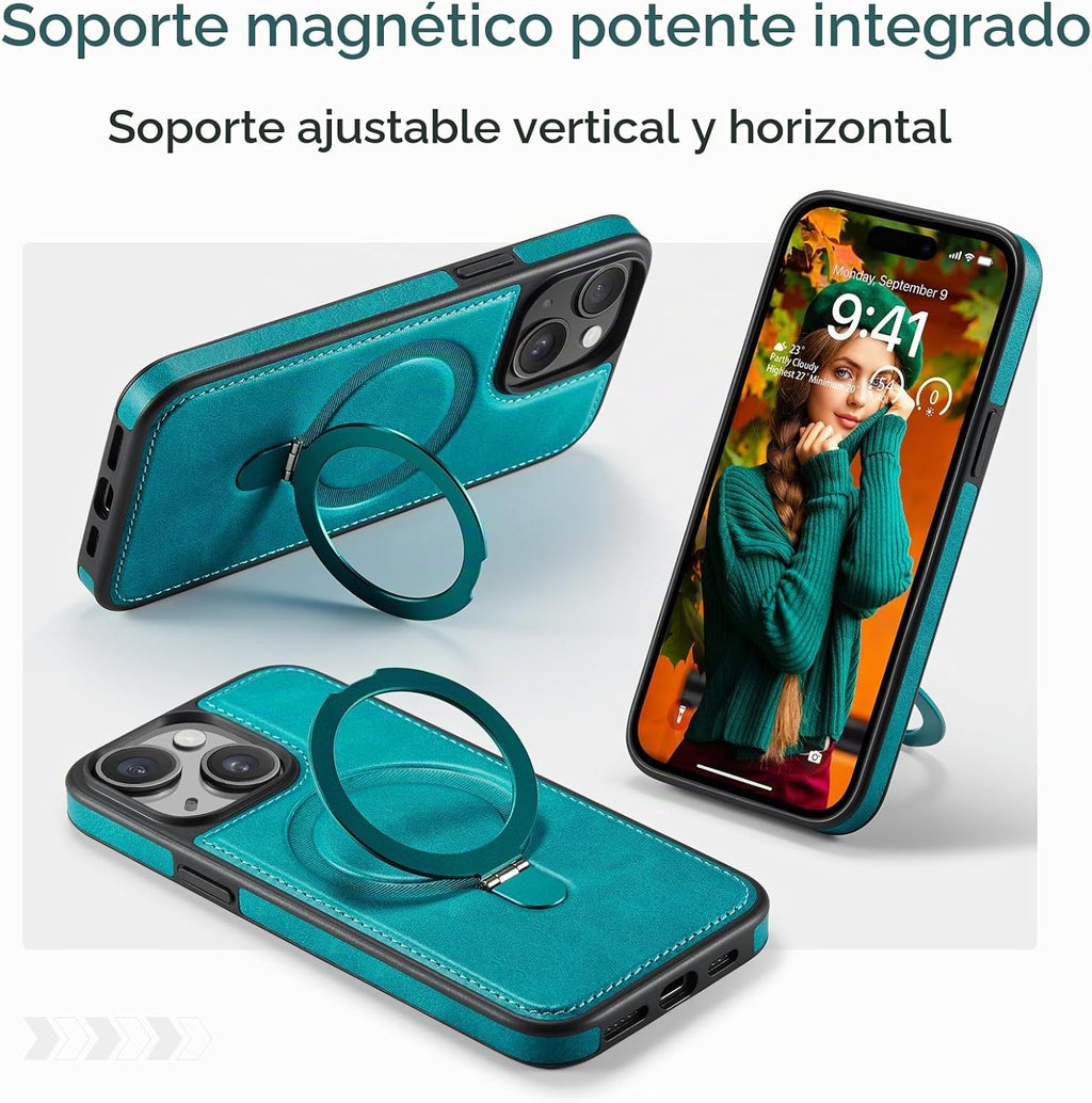 Funda para iPhone 15 con Soporte Compatible con MagSafe de Cuero PU Delgado y TPU Duradero a Prueba de Caídas Soporte Magnético Plegable Funda Protectora para Teléfono con Protector de