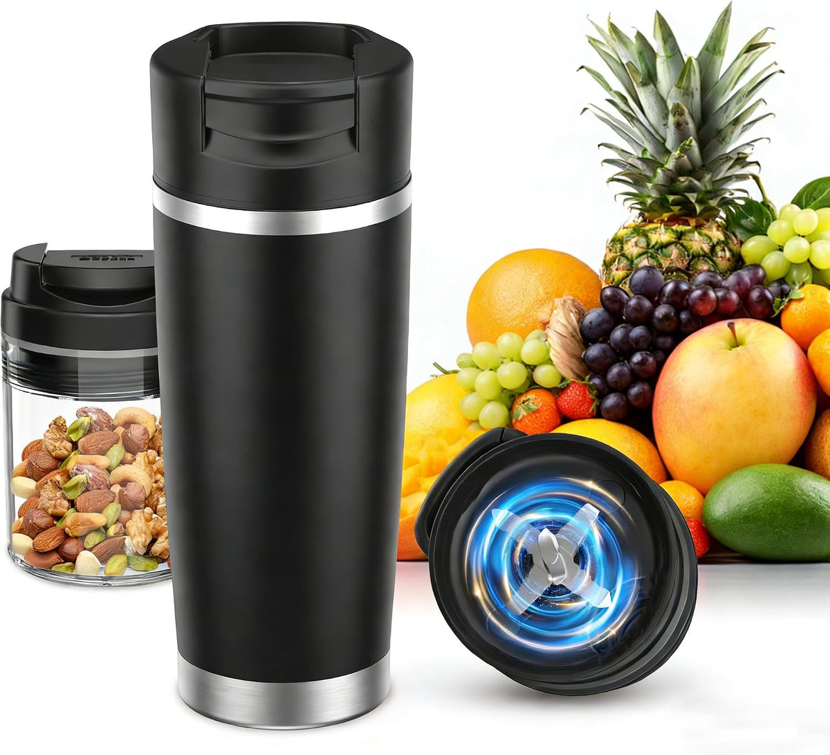 Licuadora portátil con vaso aislado al vacío, licuadora personal recargable inalámbrica de 20 onzas, botella de mezcla de acero inoxidable de 120 W para batidos y batidos, sin BPA, color negro