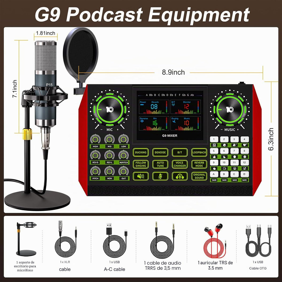TENLAMP Paquete de mezclador de audio G9 con micrófono para streaming y