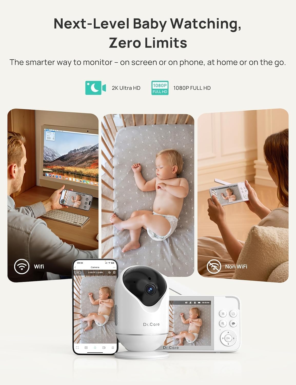 Dr.Care VistaView - Monitor de bebé inteligente WiFi de 5 pulgadas con 2
