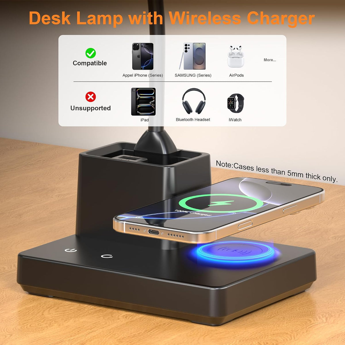 Lámpara Lámpara de escritorio de carga inalámbrica con carga USB y soporte para bolígrafo, color negro mate