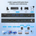 KVM Switch 2 Laptops 3 Monitores, 4K @60Hz Dual USB-C Docking KVM Switcher USB C Triple Monitor Switcher con carga PD para 2 computadoras, 3 pantallas-2 HDMI + 1 DP, no requiere controlador