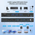 KVM Switch 2 Laptops 3 Monitores, 4K @60Hz Dual USB-C Docking KVM Switcher USB C Triple Monitor Switcher con carga PD para 2 computadoras, 3 pantallas-2 HDMI + 1 DP, no requiere controlador