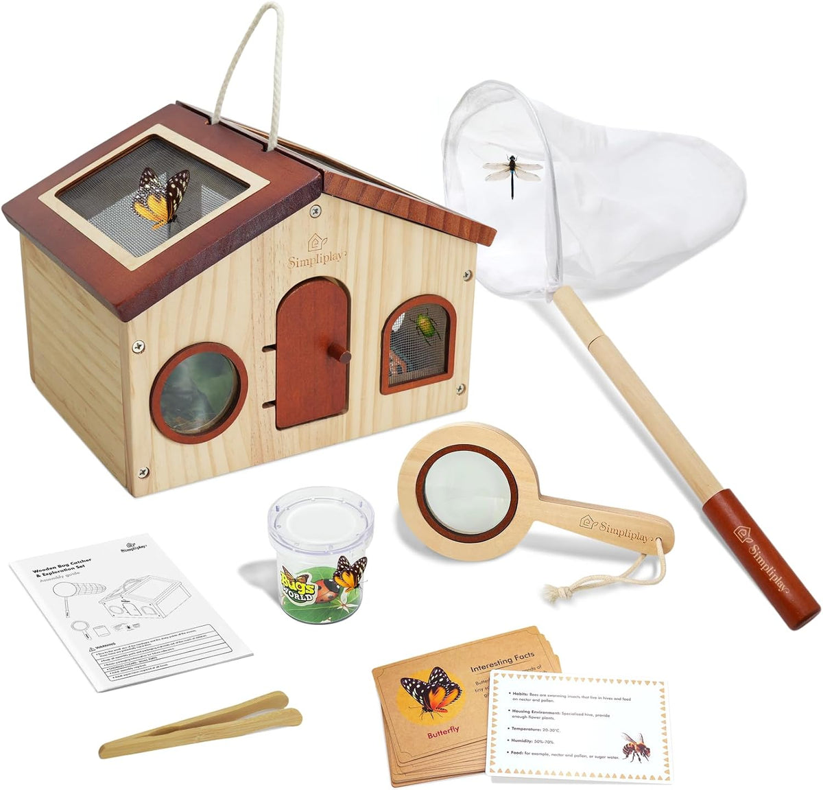 Kit explorador para niños y atrapa insectos para niños, juguetes al aire libre con gran hábitat de bichos de madera portátil, red de mariposa, lupa, taza de observación, 15 tarjetas de