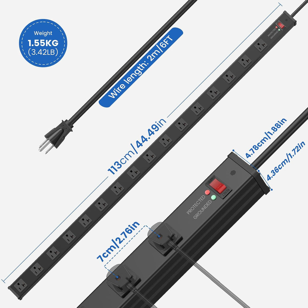 Regleta de alimentación larga de 16 tomas, protección contra sobretensiones 4800J, amplio espaciado, calibre 12, protector de sobretensiones industrial con interruptor de 20 amperios, cable de extensión de alto amplificador 6-20R, ranura en T, 6 pies