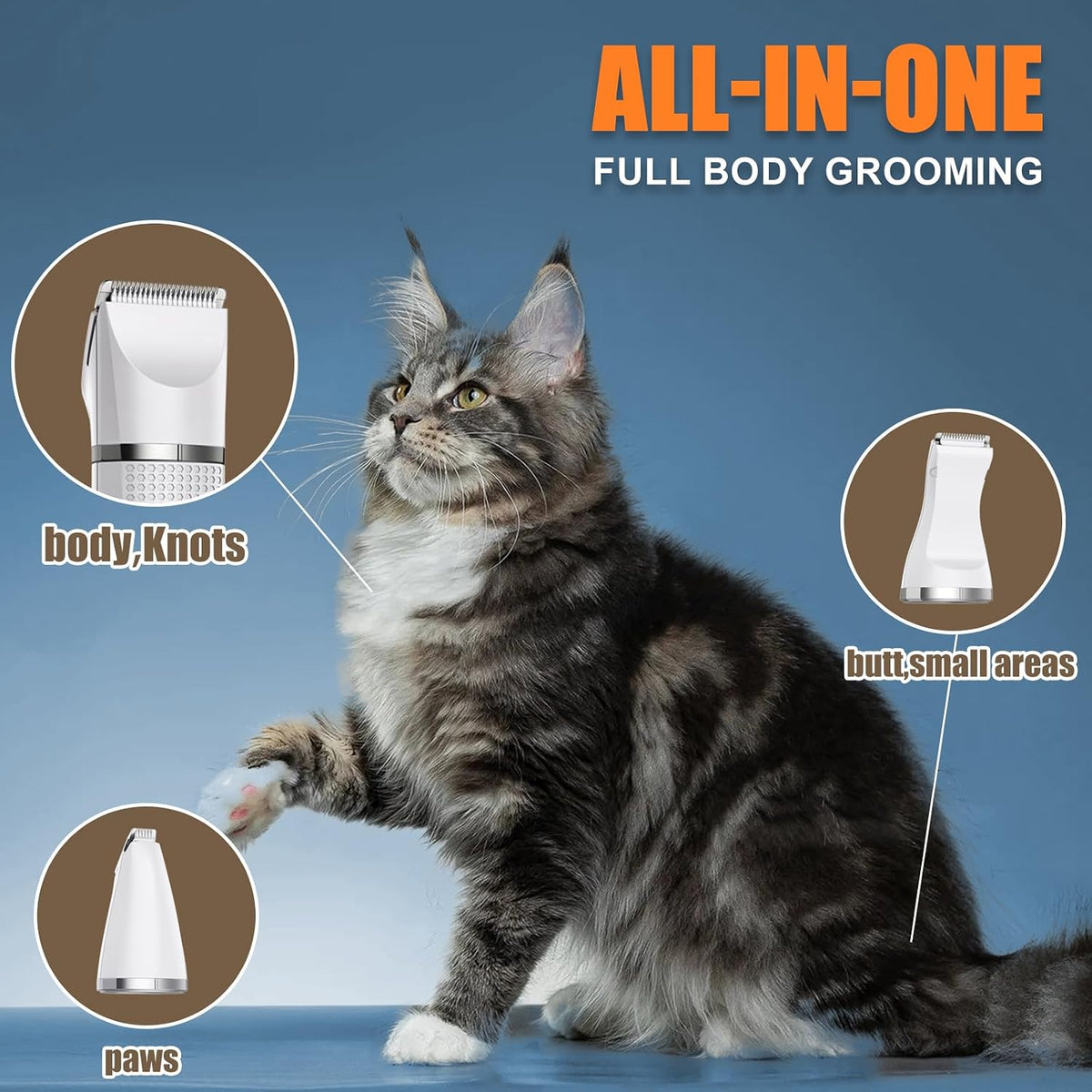 Kit de cortapelos para gatos con recortador de patas, suministros eléctricos 3 en 1 para cabello grueso y enmarañado, afeitadora de trasero de abrigo pesado, afeitadora de pelo para perros en casa (blanco)