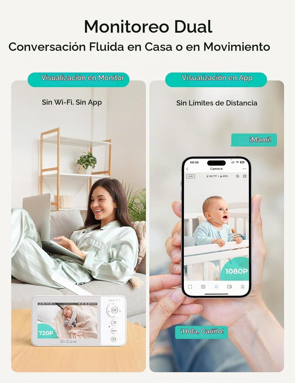 Dr.Care VistaView Lite RB Monitor de Niños Smart WiFi con 2 Cámaras, 4” 720P
