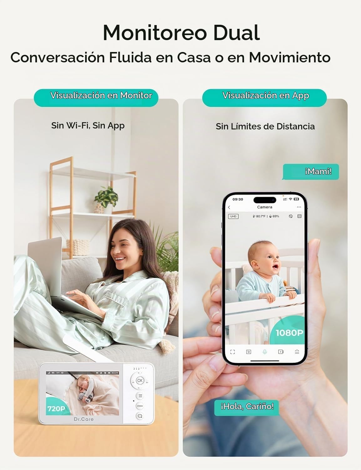Dr.Care VistaView Lite RB Monitor de Niños Smart WiFi con 2 Cámaras, 4” 720P