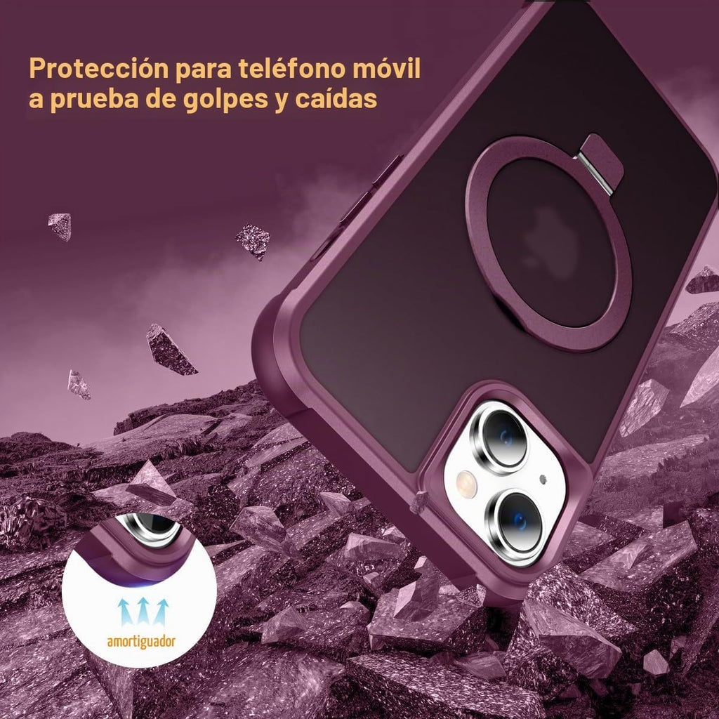 Funda magnética compatible con iPhone 15 con soporte, prueba de caídas de grado militar, compatible con imán, anillo translúcido, parte trasera dura, borde suave, color rojo vino